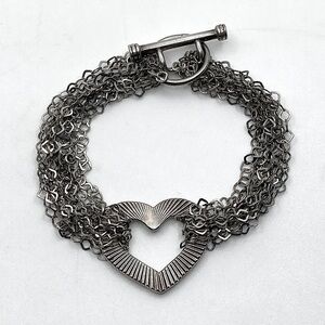 Vtg Sterling Silver Multi Strand Textured Heart Toggle Clasp Bracelet 7.5”